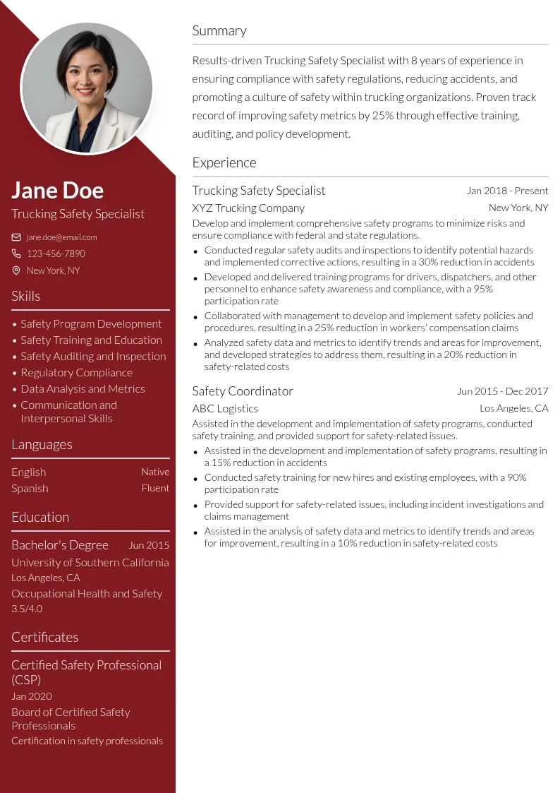 Trucking Safety Specialist resume example