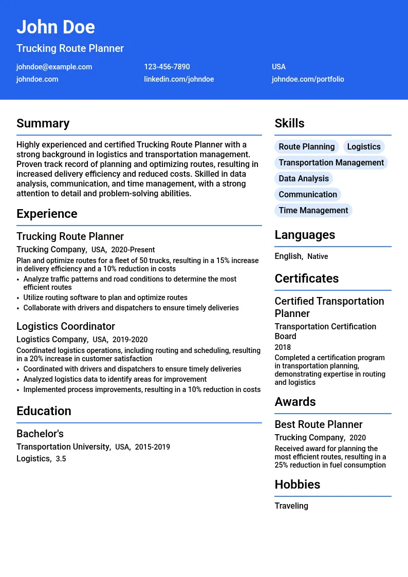 Trucking Route Planner resume example