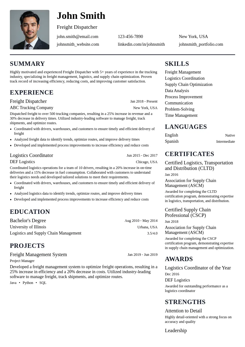 Freight Dispatcher resume example