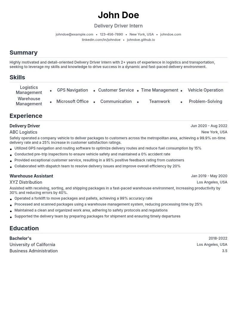 Delivery Driver Intern resume example