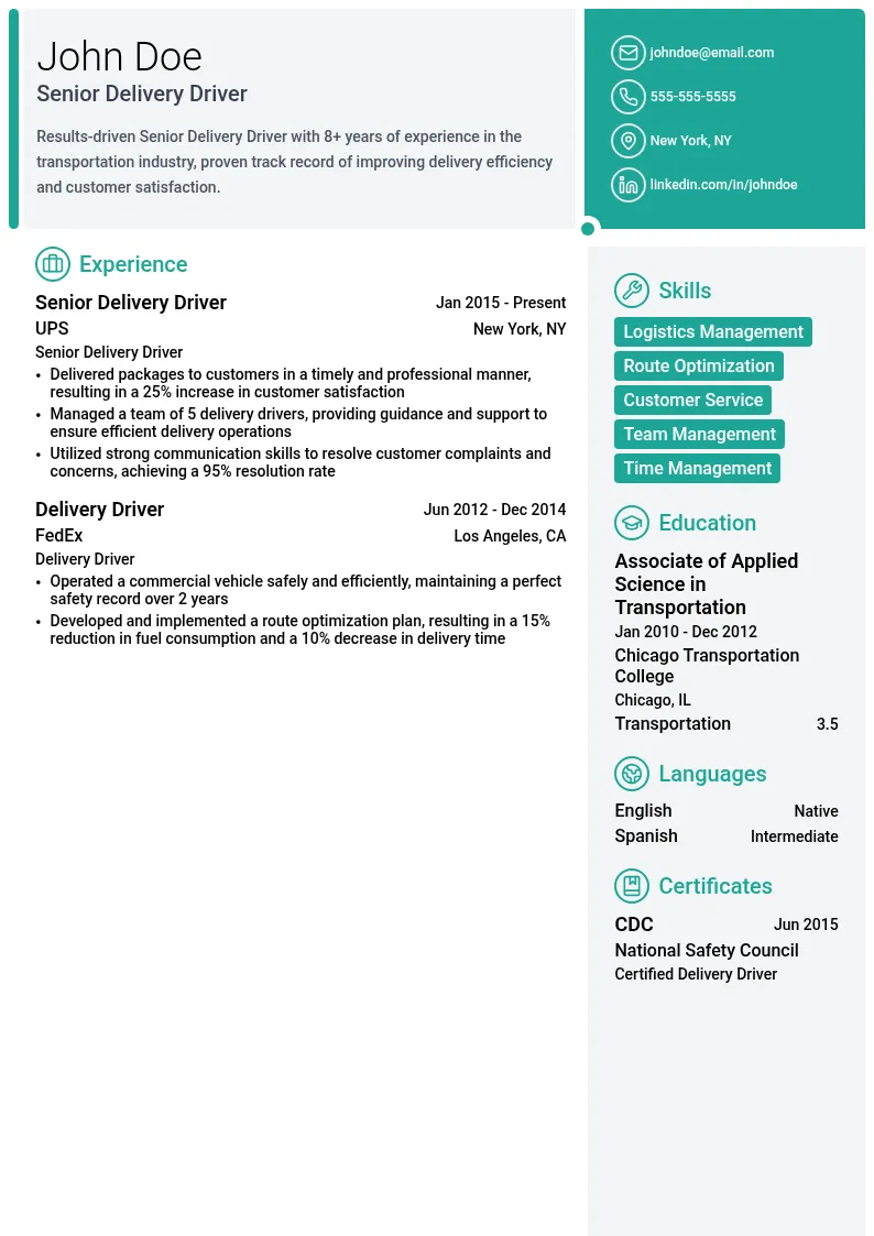 Senior Delivery Driver resume example
