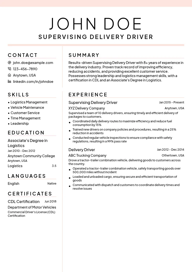 Supervising Delivery Driver resume example