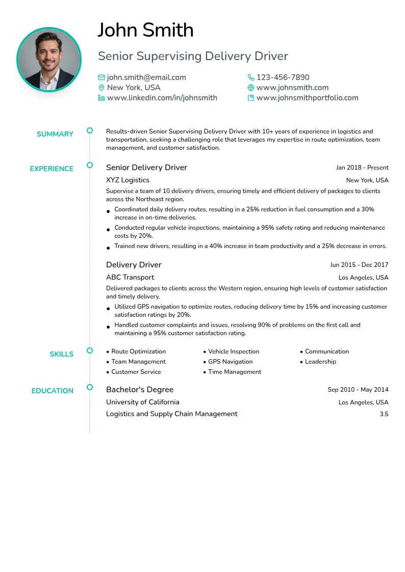 Senior Supervising Delivery Driver resume example