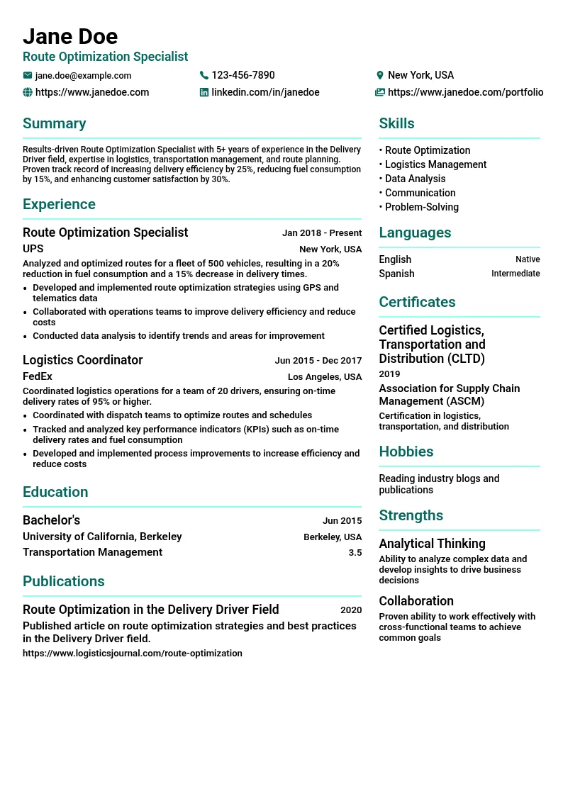 Route Optimization Specialist resume example