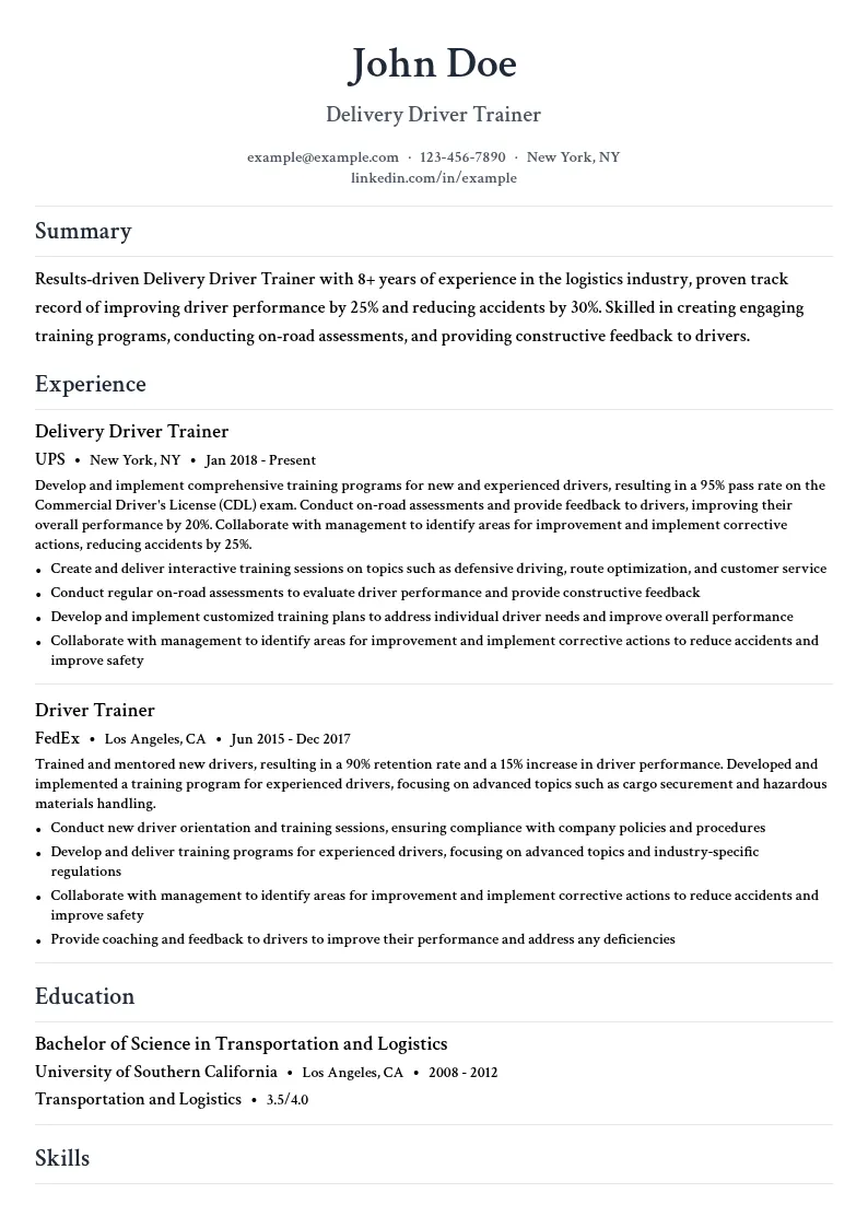 Delivery Driver Trainer resume example