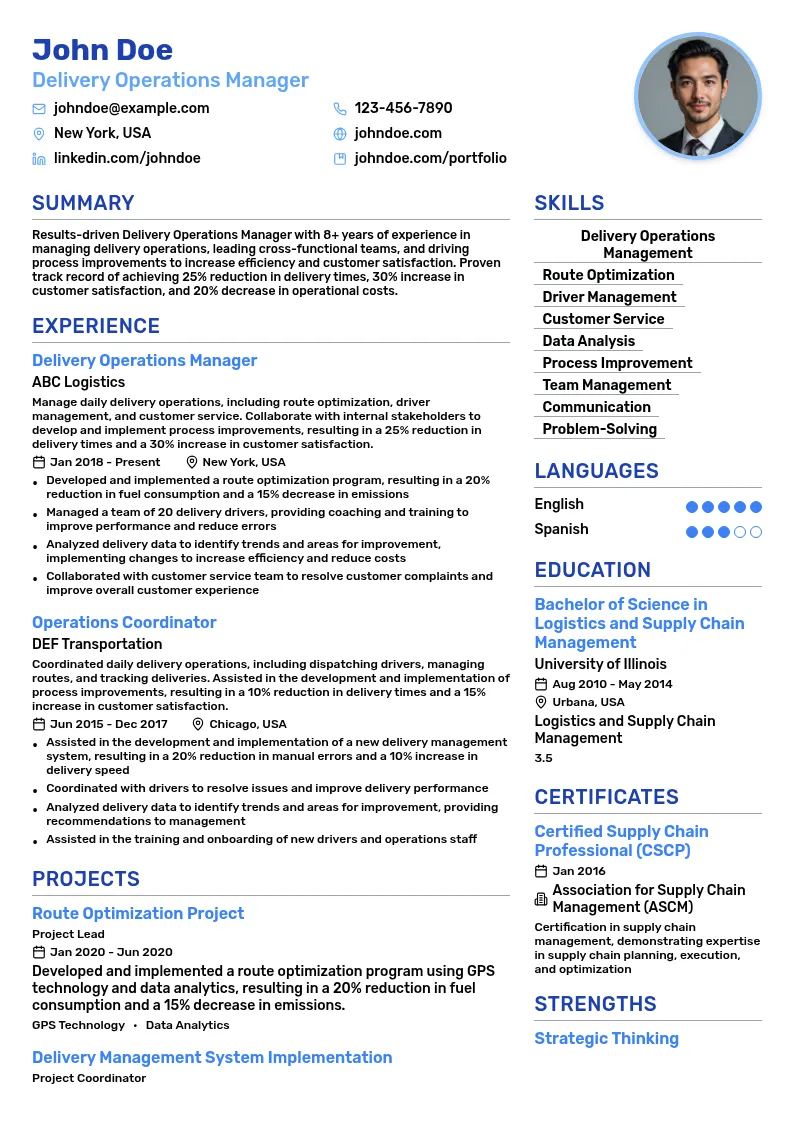 Delivery Operations Manager resume example