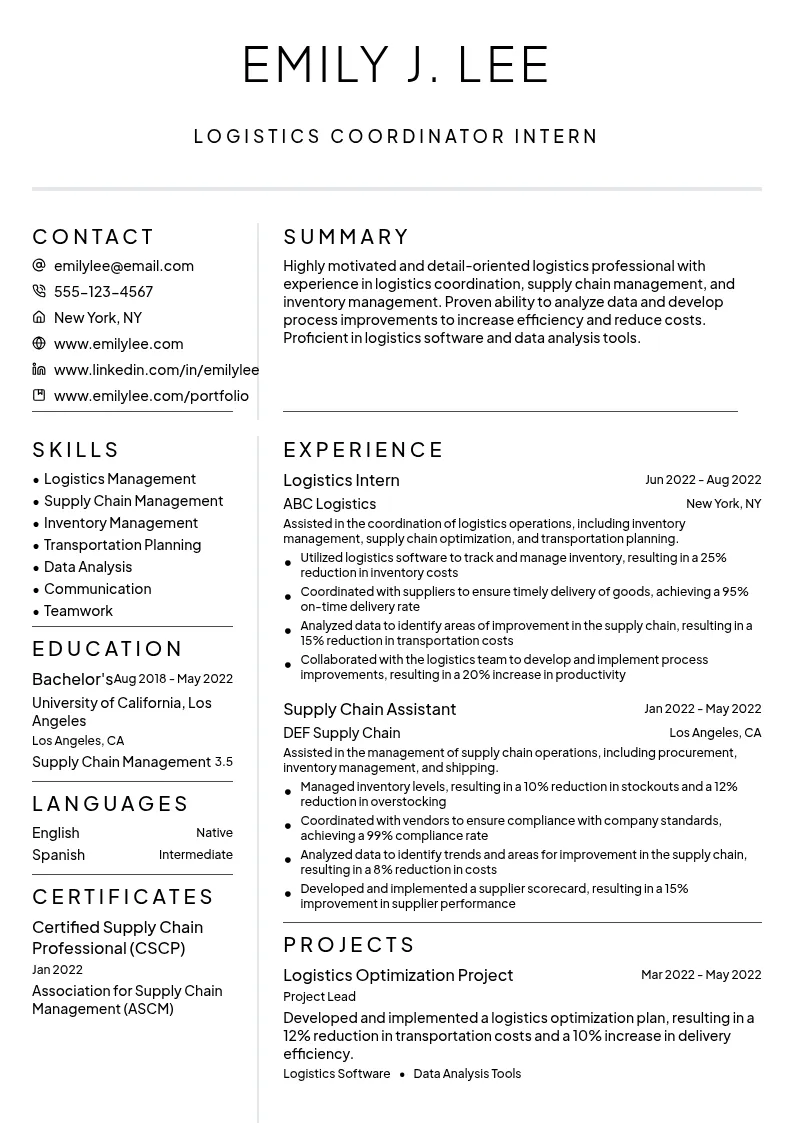 Logistics Coordinator Intern resume example