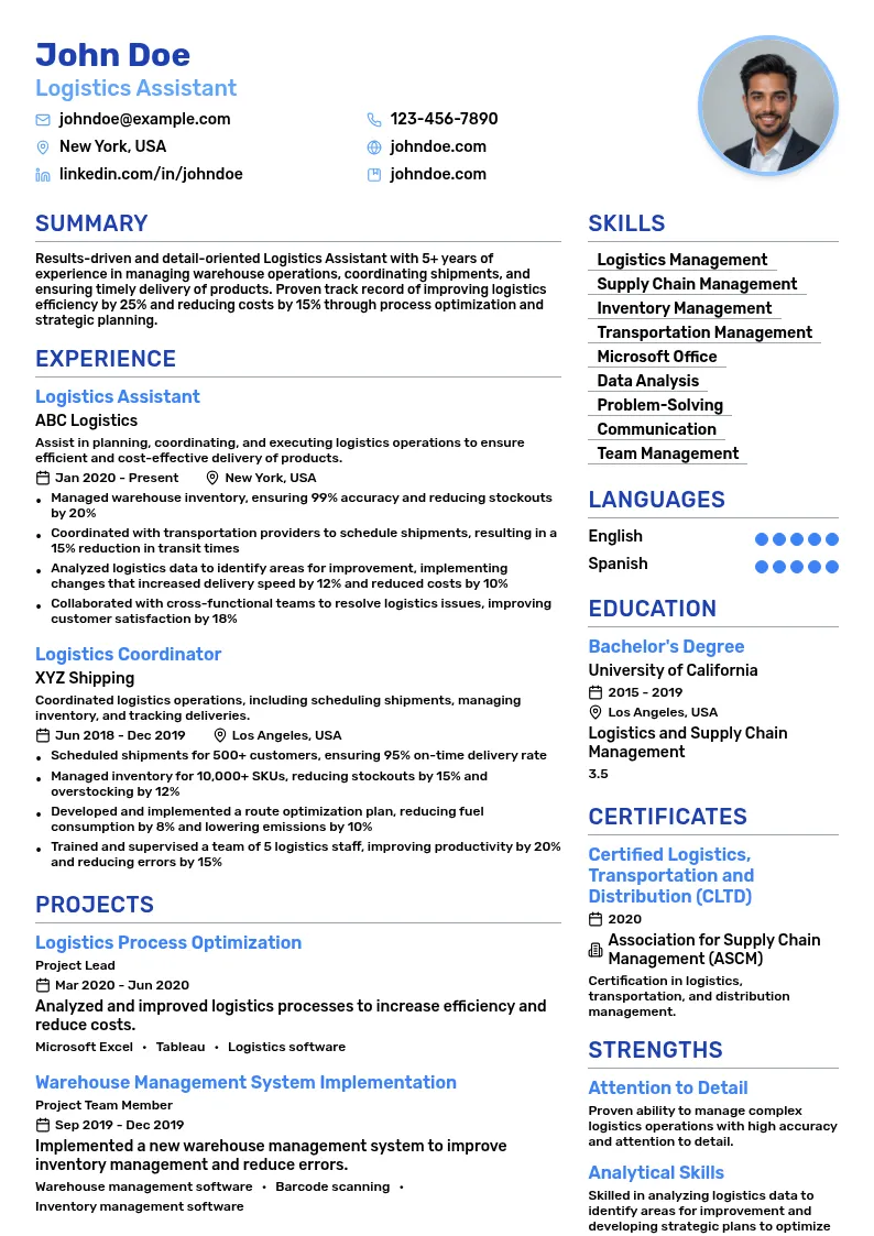 Logistics Assistant resume example