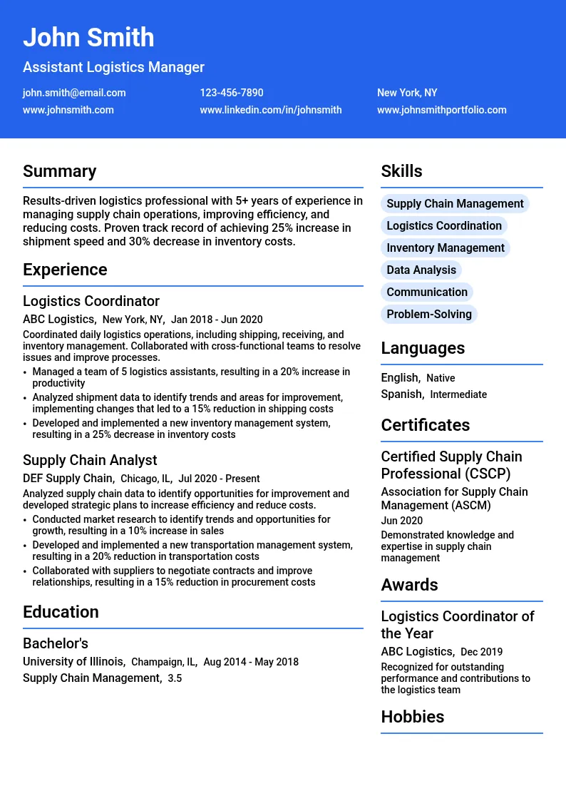 Assistant Logistics Manager resume example