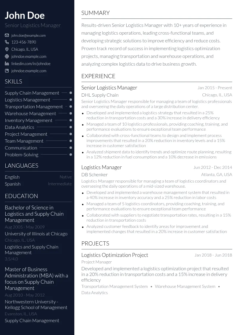 Senior Logistics Manager resume example