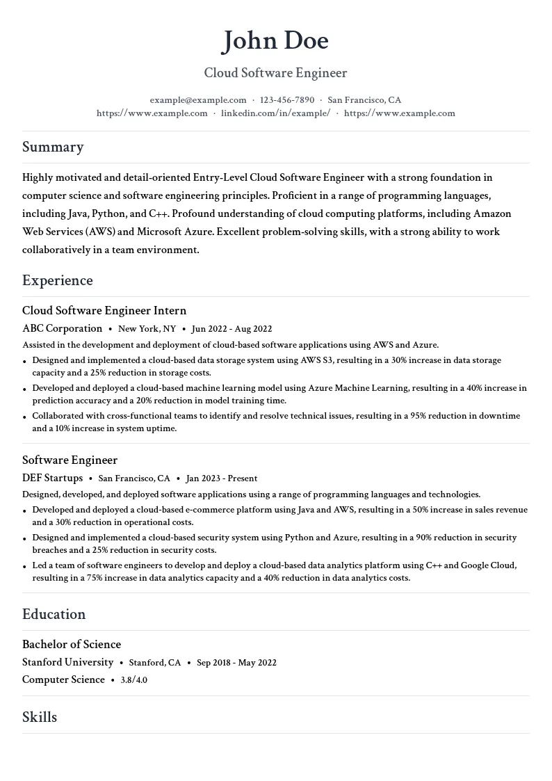 Cloud Software Engineer resume example