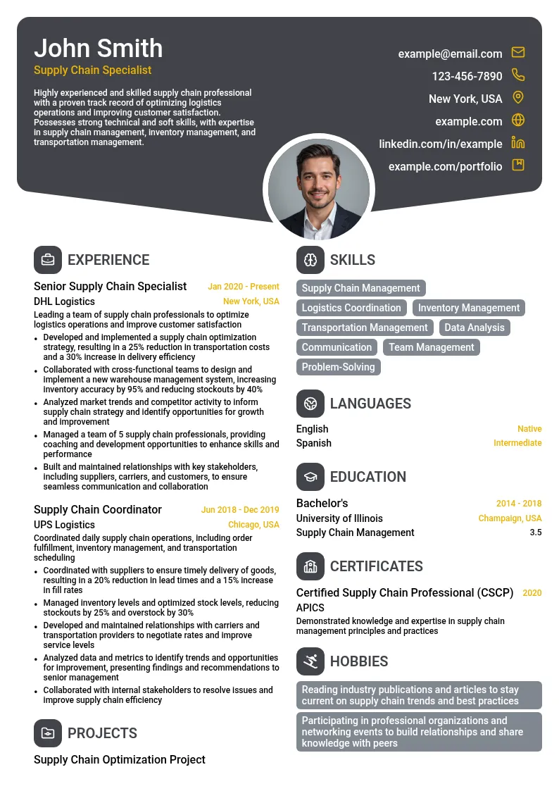 Supply Chain Specialist resume example