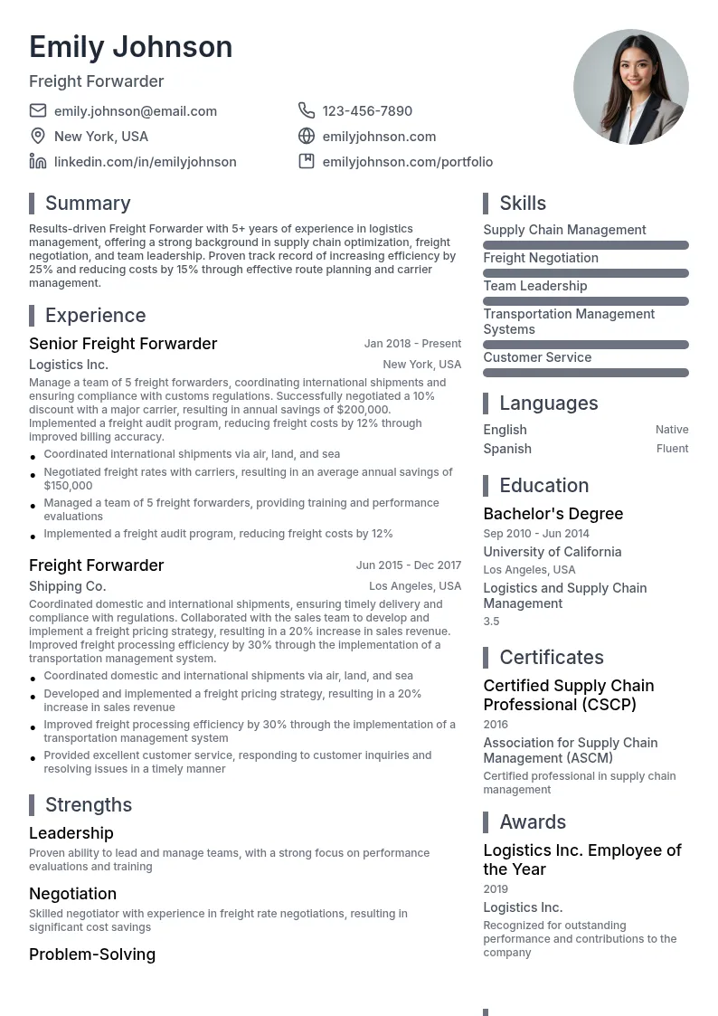 Freight Forwarder resume example