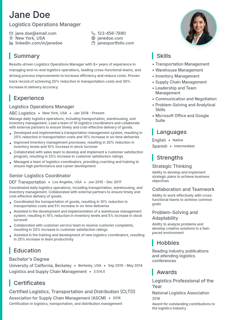 Logistics operations Manager resume example