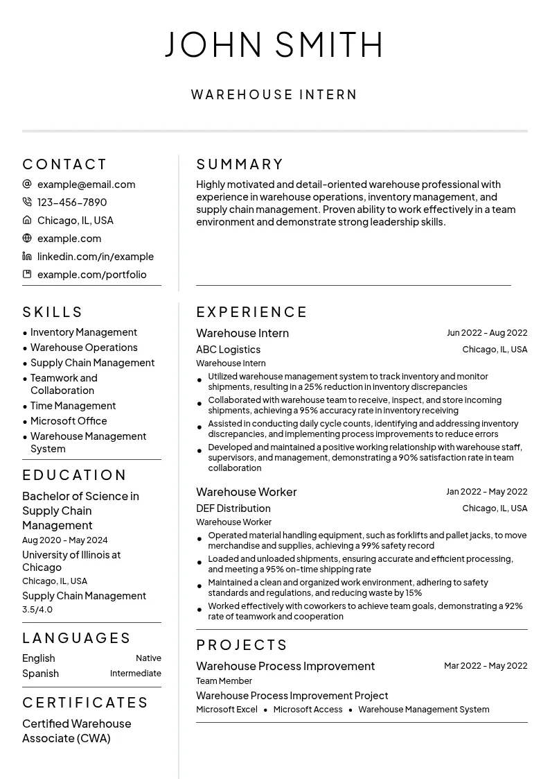 Warehouse Intern resume example