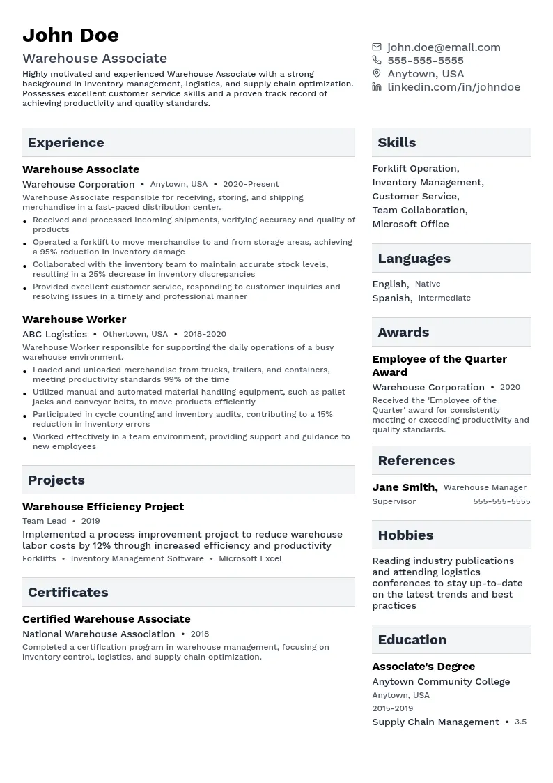 Warehouse Associate resume example