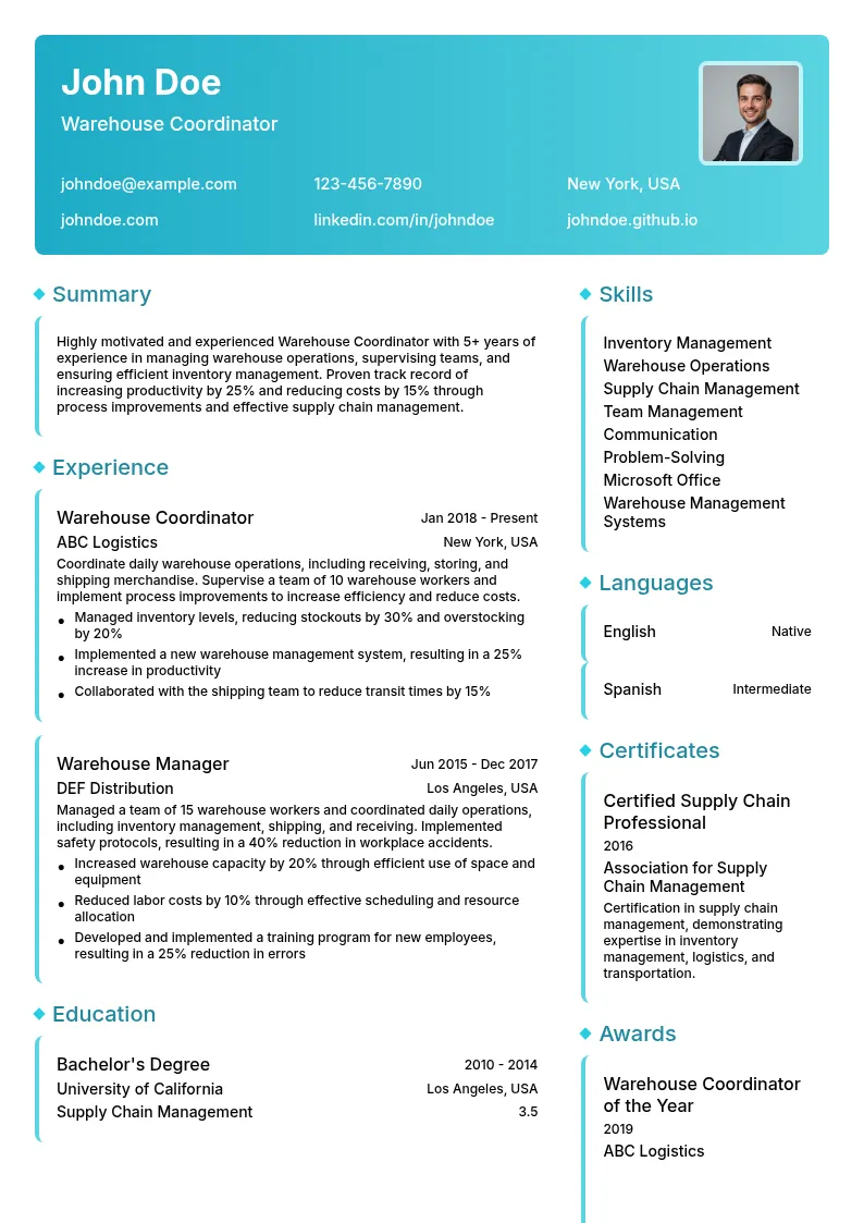 Warehouse Coordinator resume example