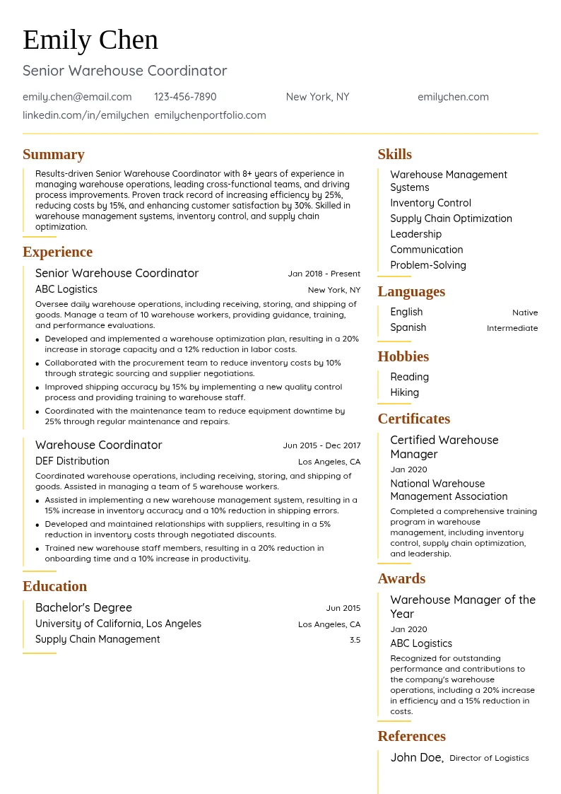 Senior Warehouse Coordinator resume example