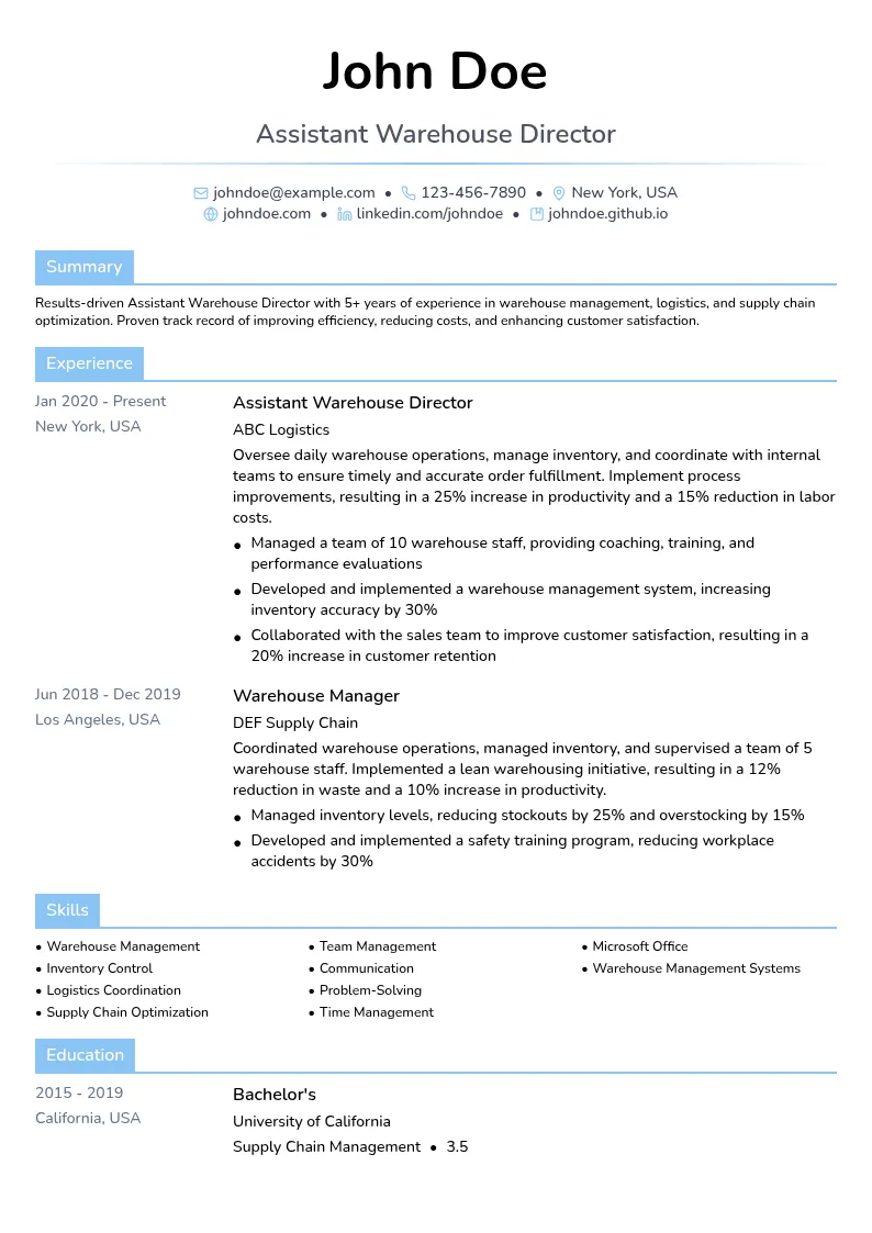 Assistant Warehouse Director resume example