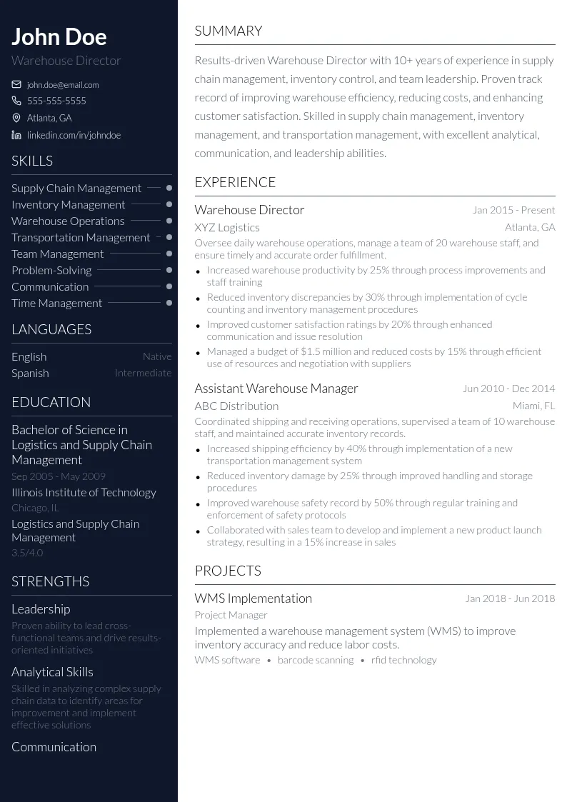 Warehouse Director resume example