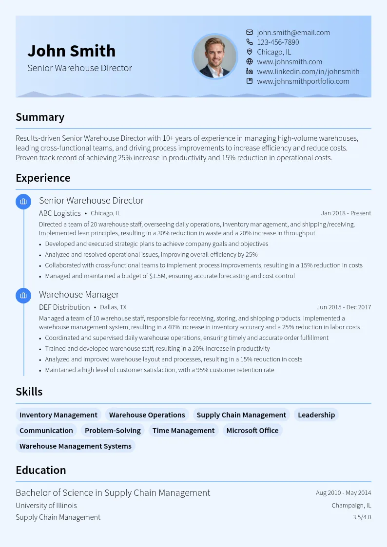 Senior Warehouse Director resume example