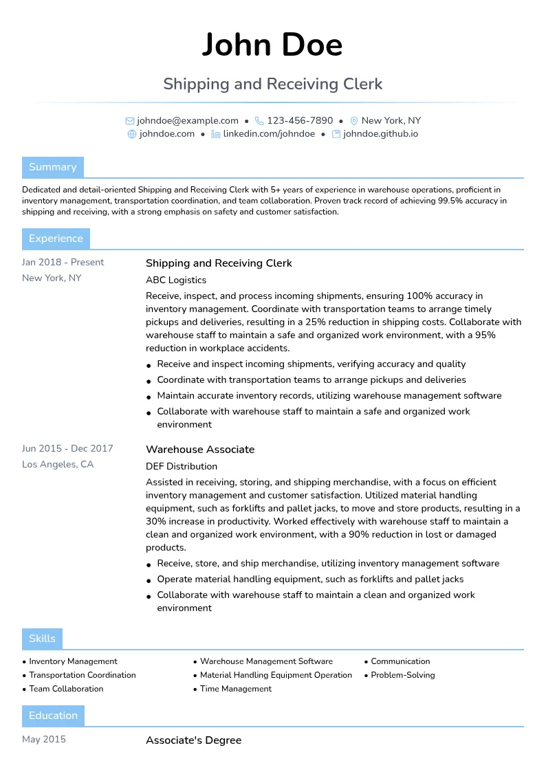 Shipping and Receiving Clerk resume example