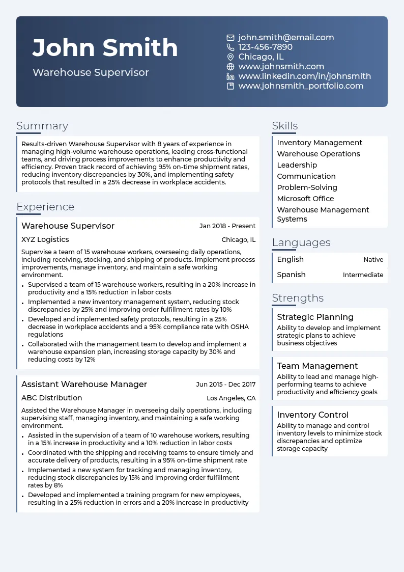 Warehouse Supervisor resume example