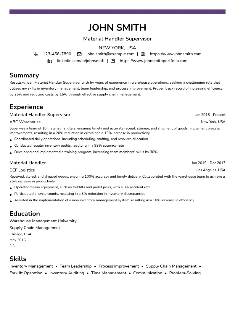 Material Handler Supervisor resume example