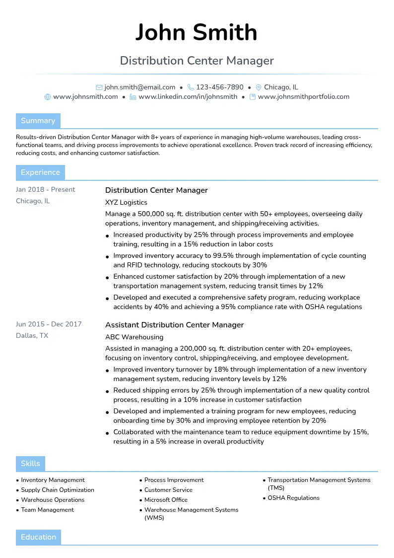 Distribution Center Manager resume example