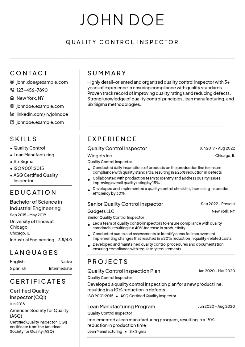 Quality Control Inspector resume example