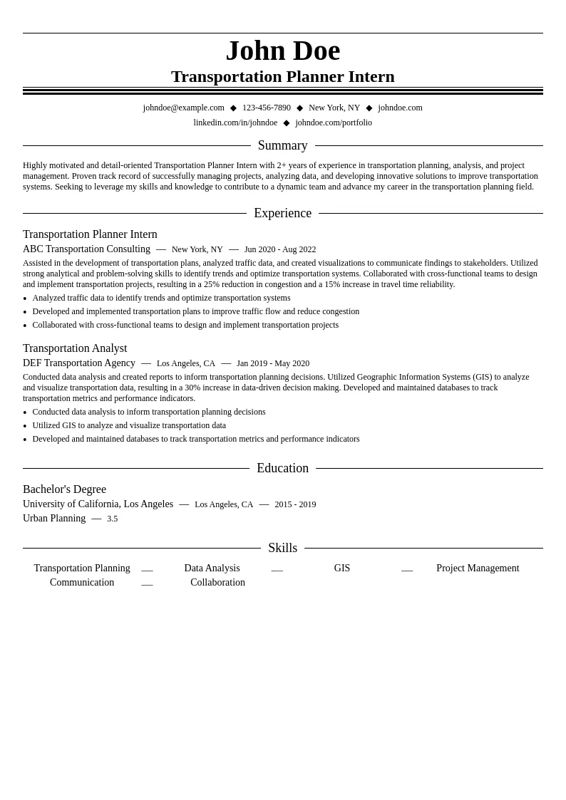 Transportation Planner Intern resume example