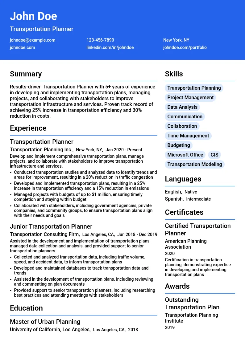 Transportation Planner 1 resume example