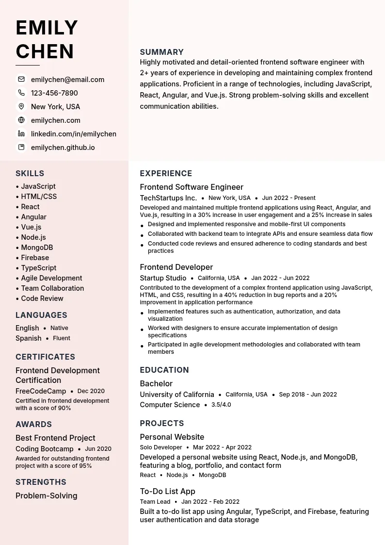 Frontend Software Engineer resume example