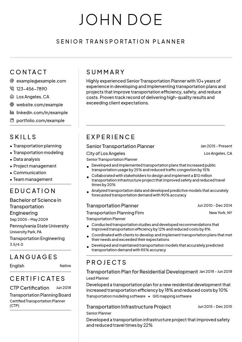 Senior Transportation Planner resume example