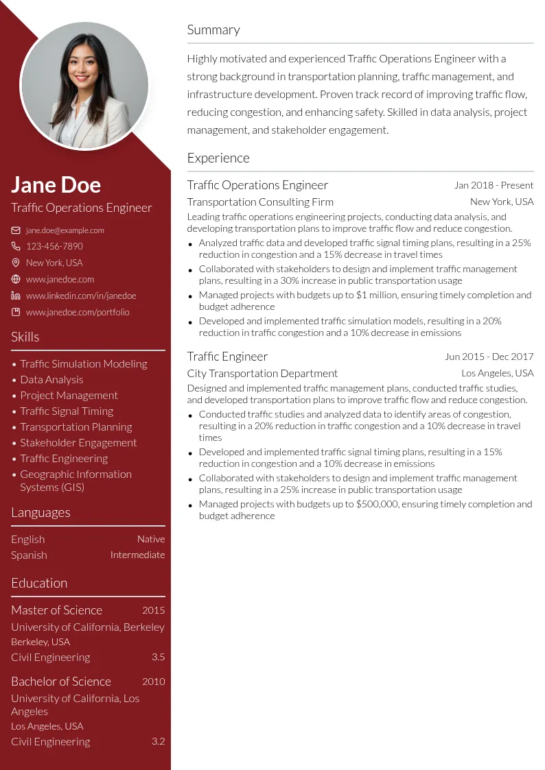 Traffic Operations Engineer resume example