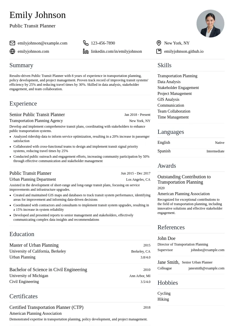 Public Transit Planner resume example