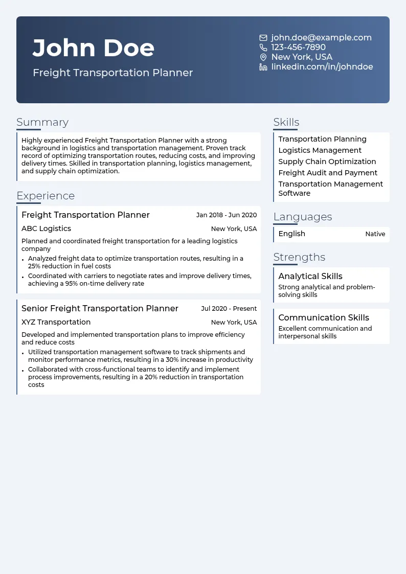 Freight Transportation Planner resume example