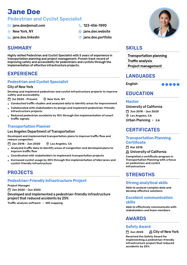 Pedestrian and Cyclist Specialist resume example