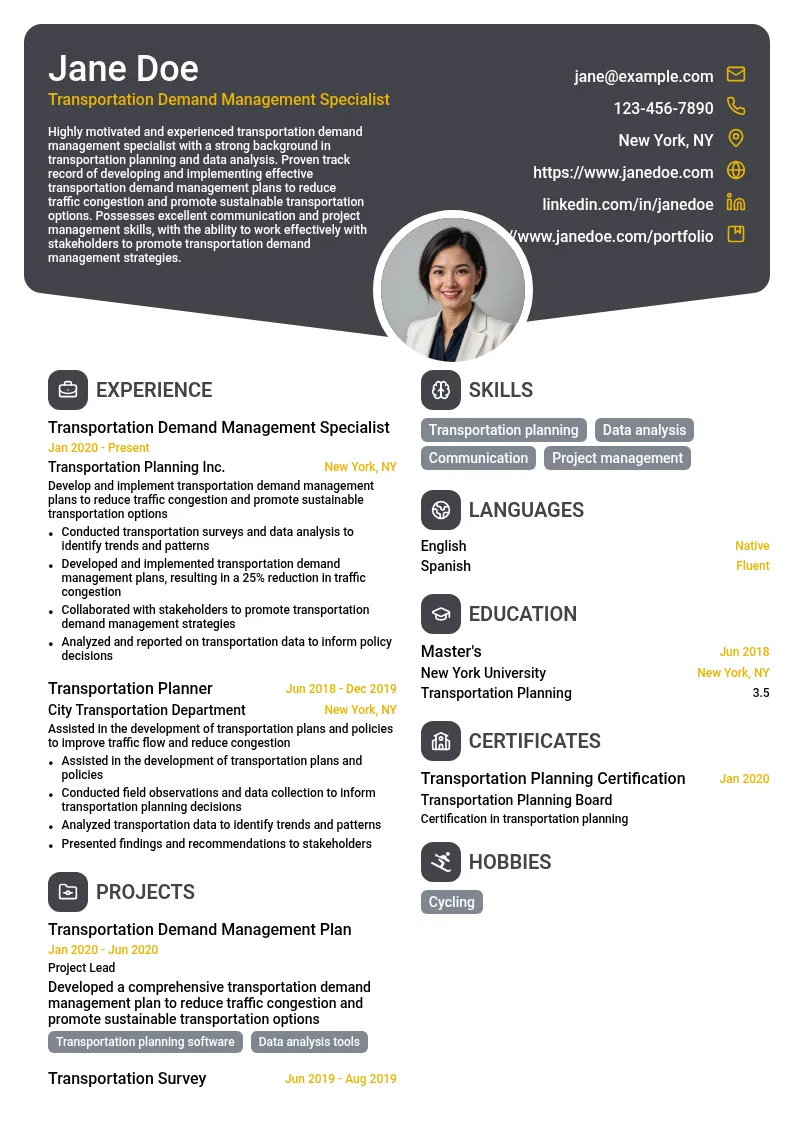 Transportation Demand Management Specialist resume example