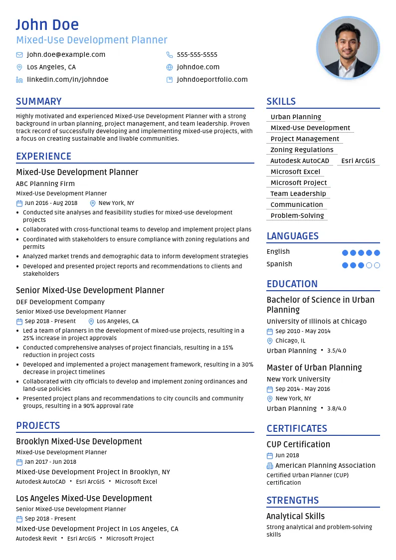 Mixed-Use Development Planner resume example