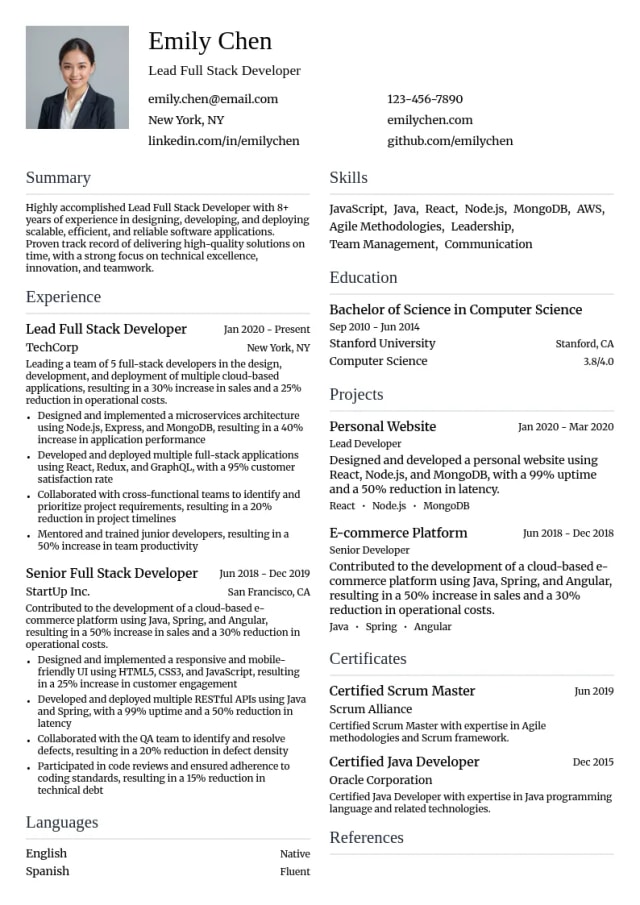 Lead Full Stack Developer resume example