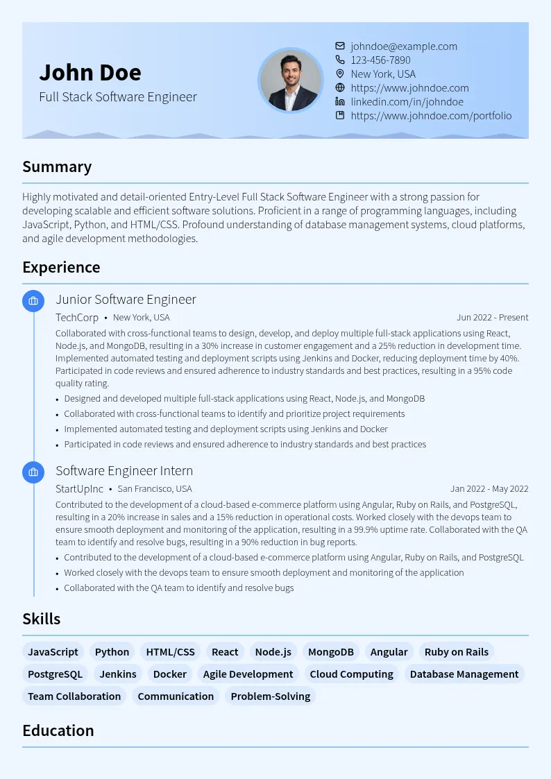 Full Stack Software Engineer resume example
