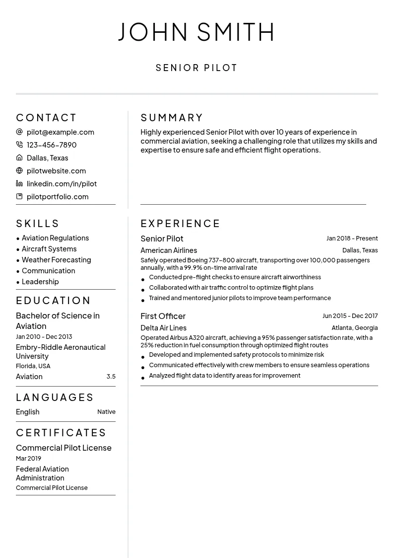 Senior Pilot resume example