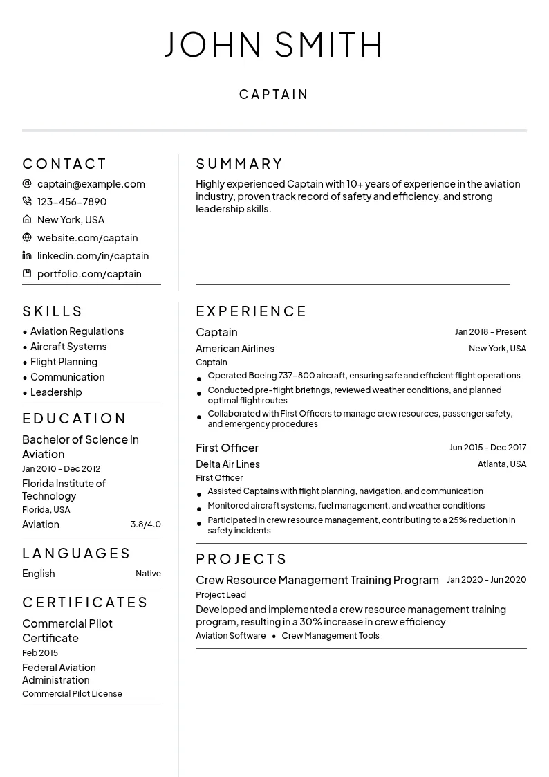 Captain resume example