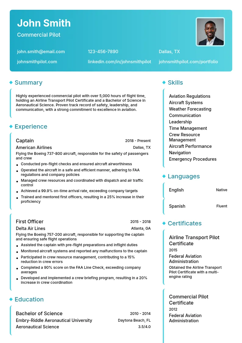 Role 1: Commercial Pilot resume example