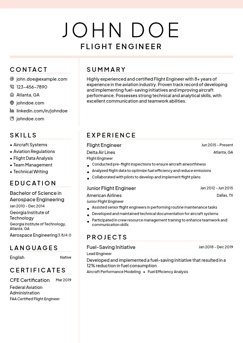 Role 3: Flight Engineer resume example