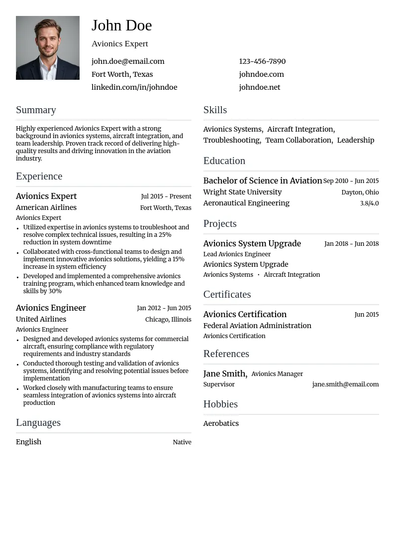 Role 4: Avionics Expert resume example