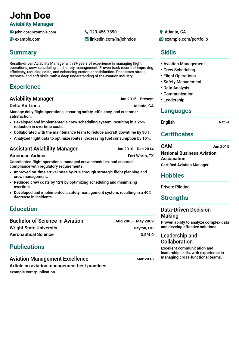 Role 5: Aviability Manager resume example
