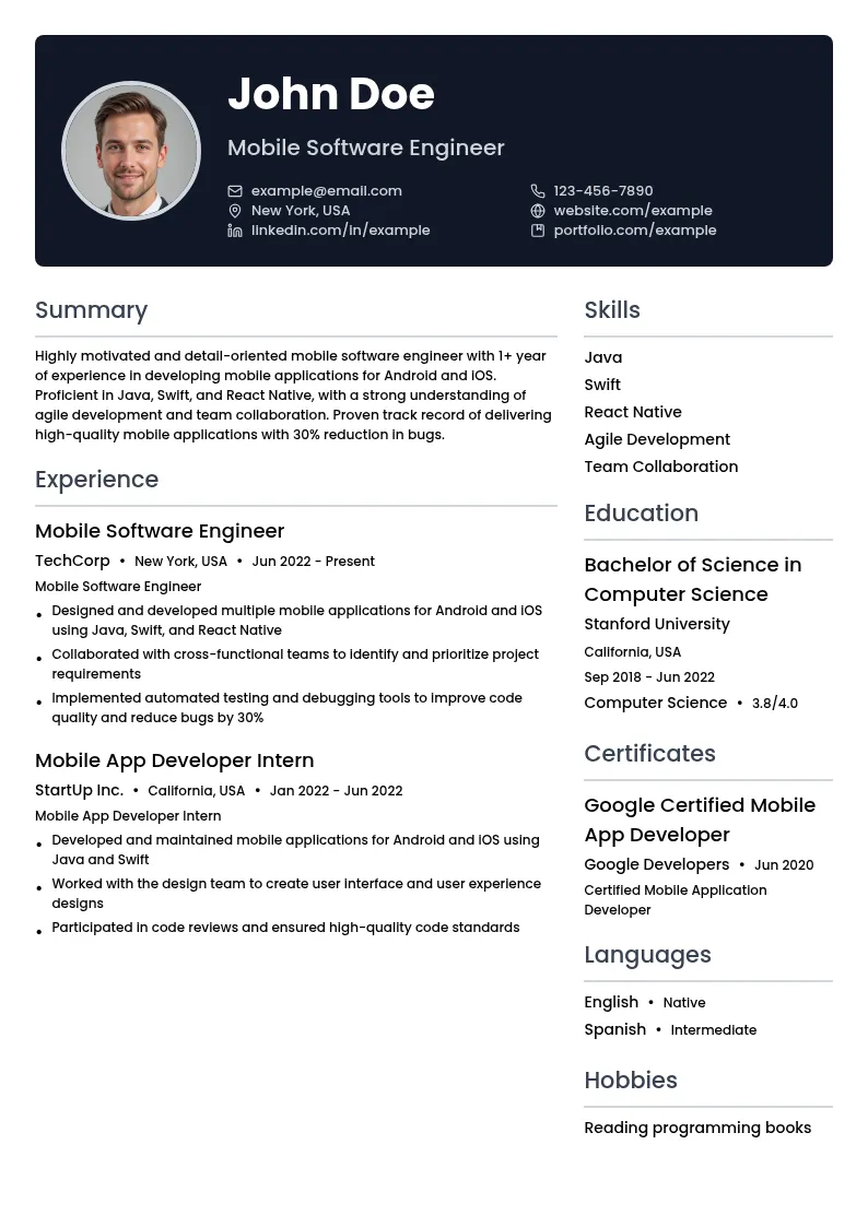 Mobile Software Engineer resume example