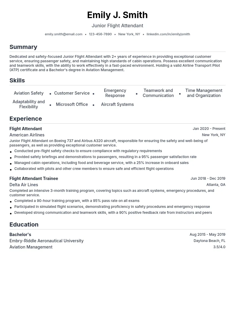 Junior Flight Attendant resume example